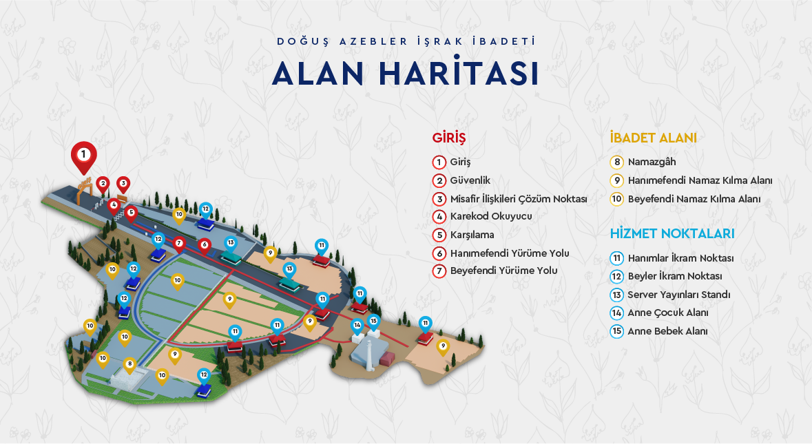 Doğuş Azebler İşrak Alan Haritası — Giriş, ibadet alanı ve hizmet noktalarını gösteren şematik harita